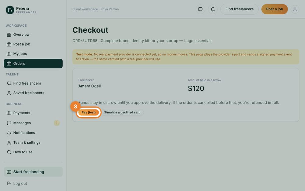 Step 3: Pay into escrow — the orange circle shows where to click