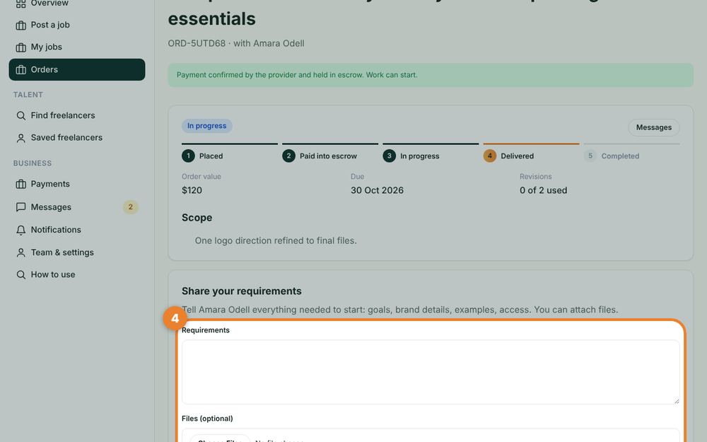 Step 4: Share your requirements — the orange circle shows where to click