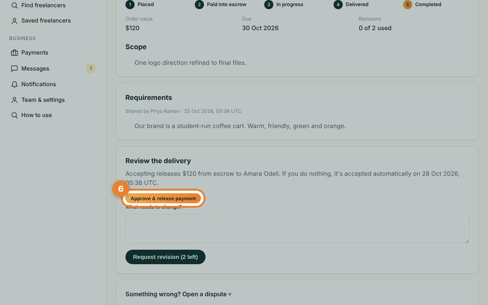 Step 6: Approve the delivery (or ask for changes) — the orange circle shows where to click