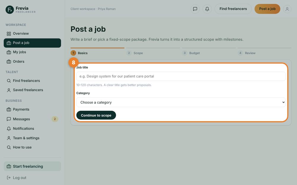 Step 8: Or post a job and get proposals — the orange circle shows where to click