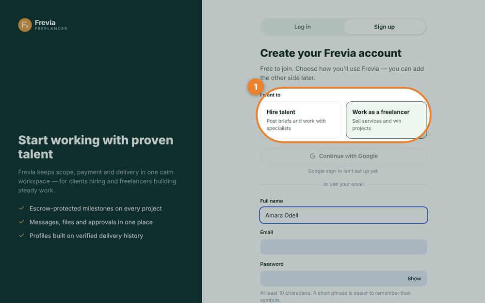 Step 1: Create your account — the orange circle shows where to click
