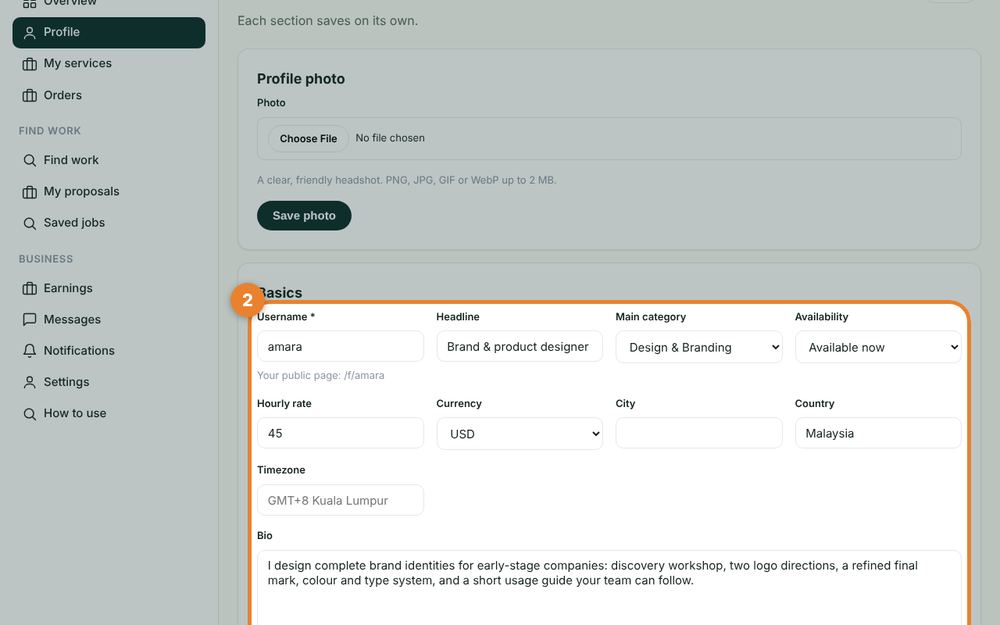 Step 2: Fill in your profile — the orange circle shows where to click