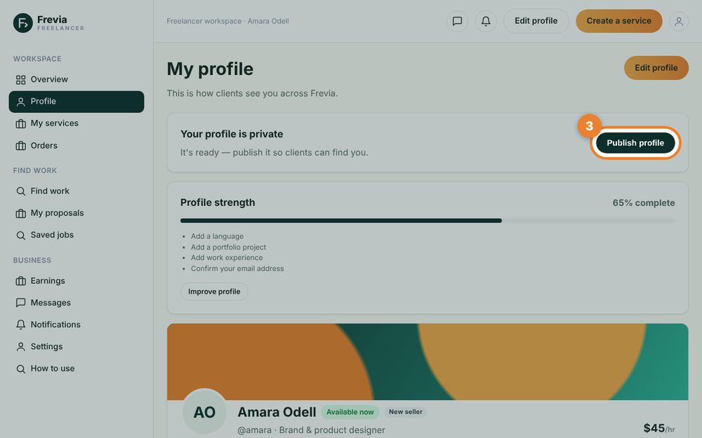 Step 3: Publish your profile — the orange circle shows where to click