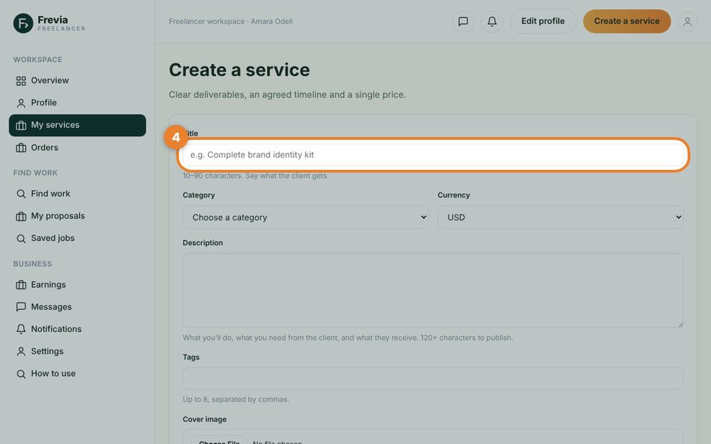 Step 4: Create a service — the orange circle shows where to click