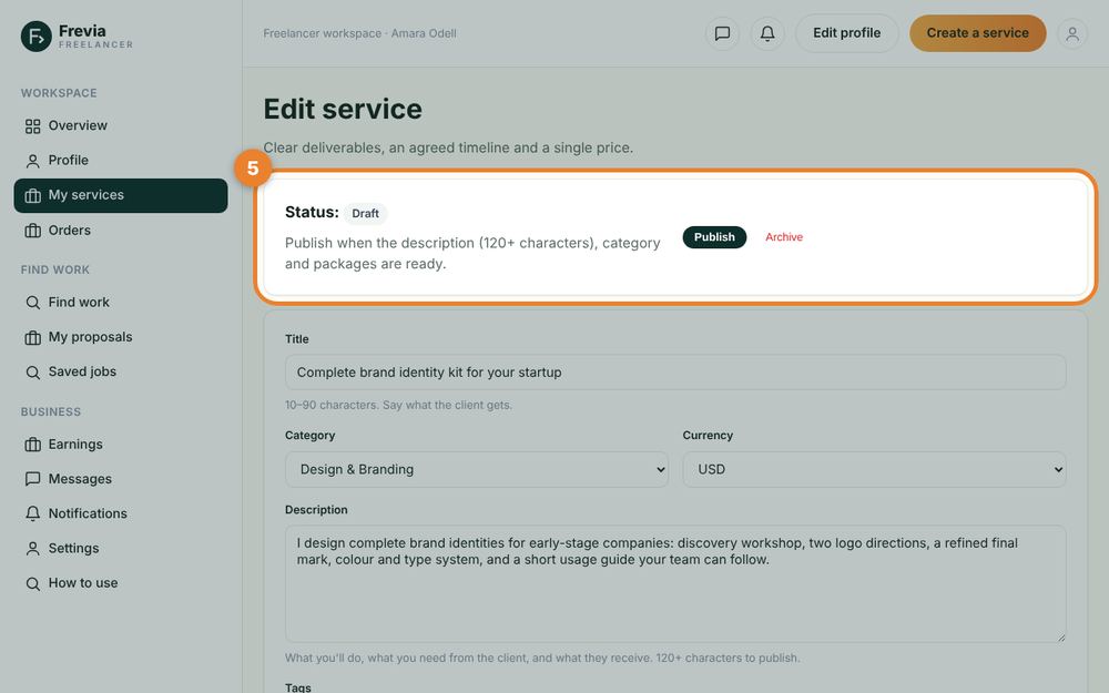 Step 5: Publish the service — the orange circle shows where to click