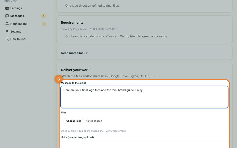 Step 6: Deliver the work — the orange circle shows where to click