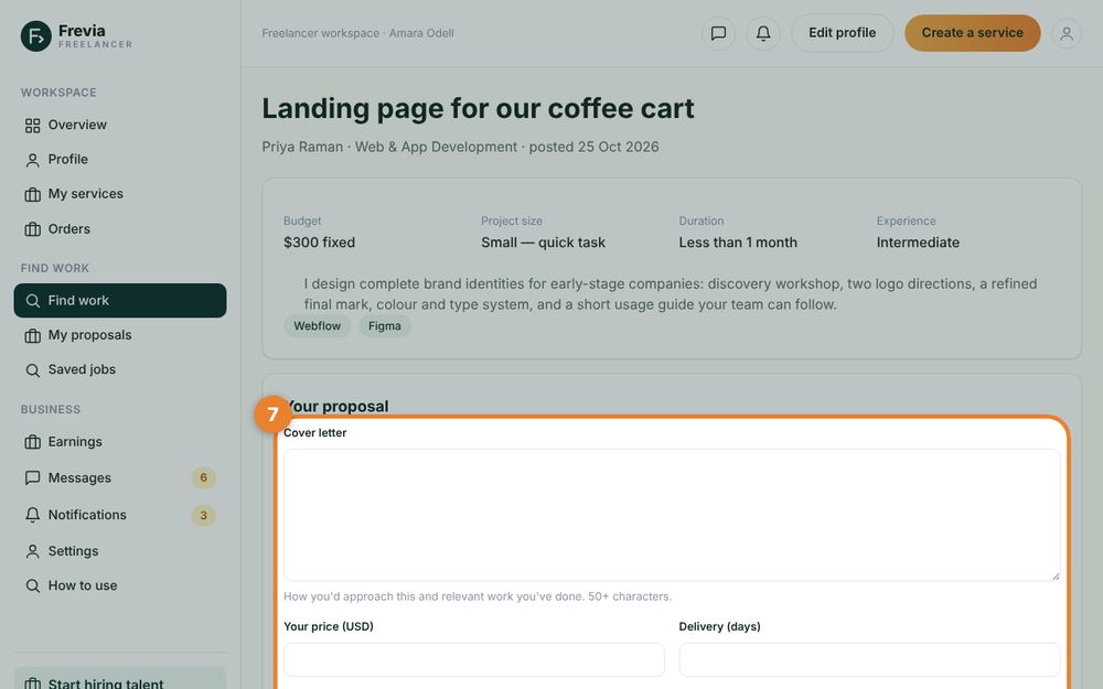Step 7: Win jobs with proposals — the orange circle shows where to click